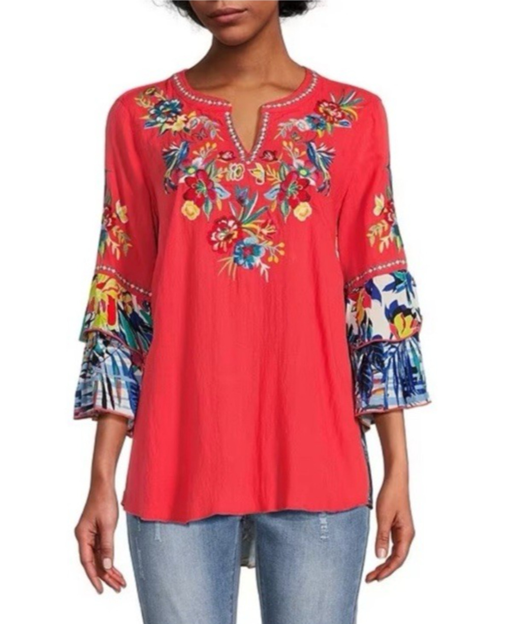 JOHN MARK Vibrant Hummingbird Floral Embroider Mixed Media Ruffle Tunic Blouse M